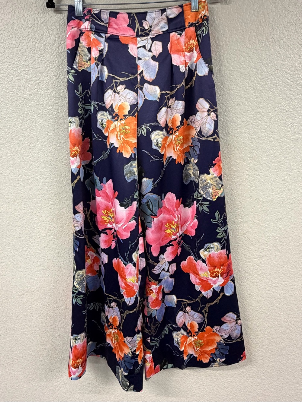 Navy Floral Wide-Leg Flowy Silk Pants - Size 4-6 Handmade & Stunning